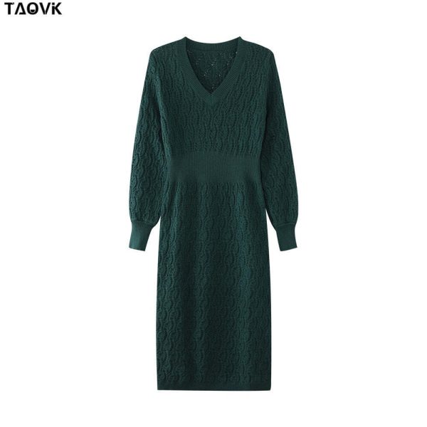 TAOVK Women s Solid color Costume Knitted V-neck Hollow Lantern Discount