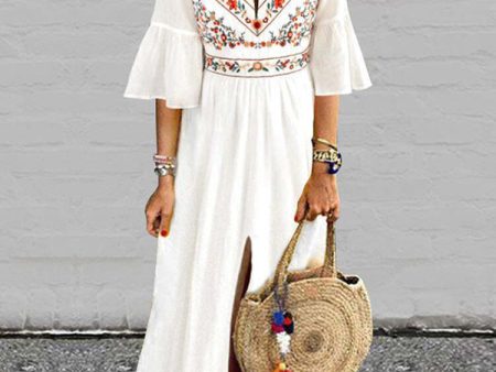 Bohemian Floral Print Flare Sleeve High Split Long Maxi Dress Online Sale